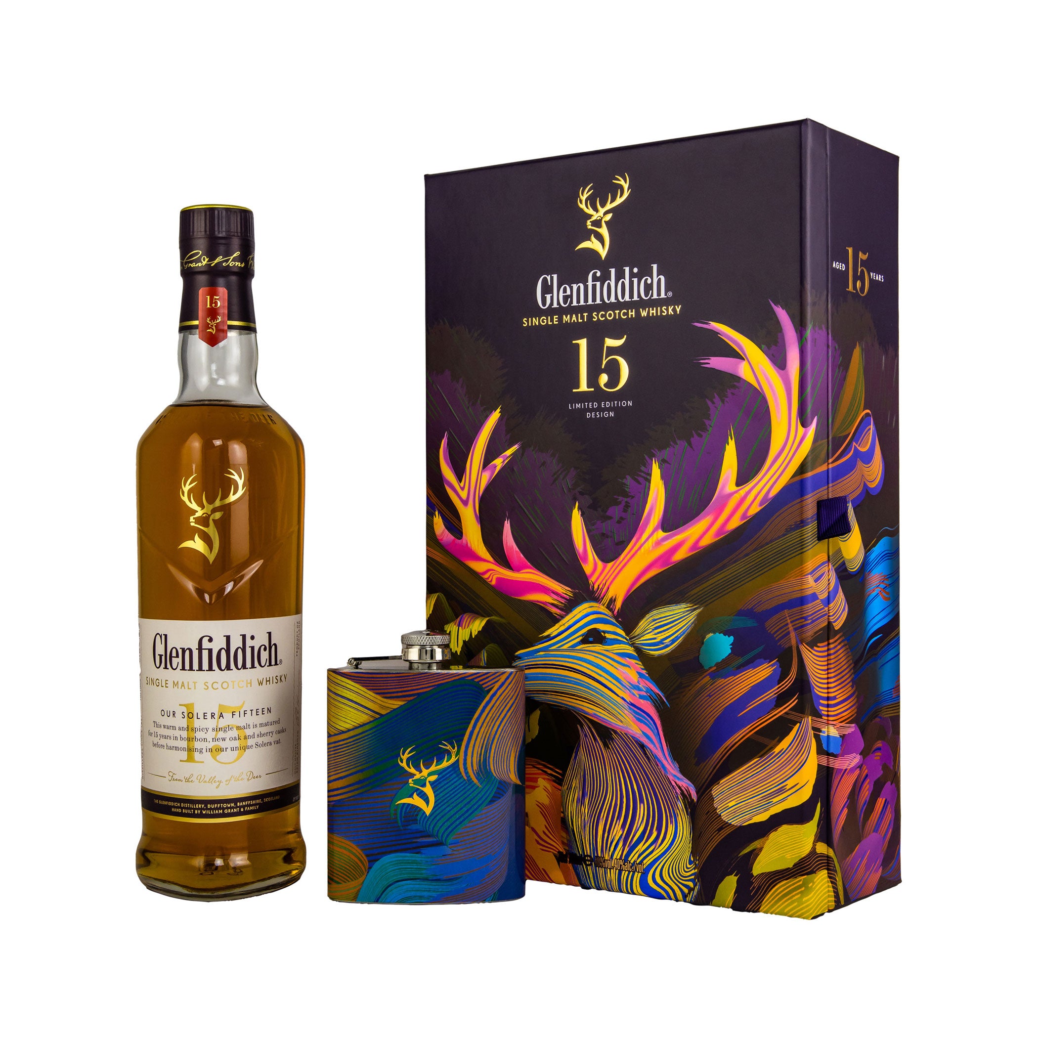 Glenfiddich 15 Jahre Solera - Limited Design + Flachmann - Speyside Single Malt Scotch Whisky