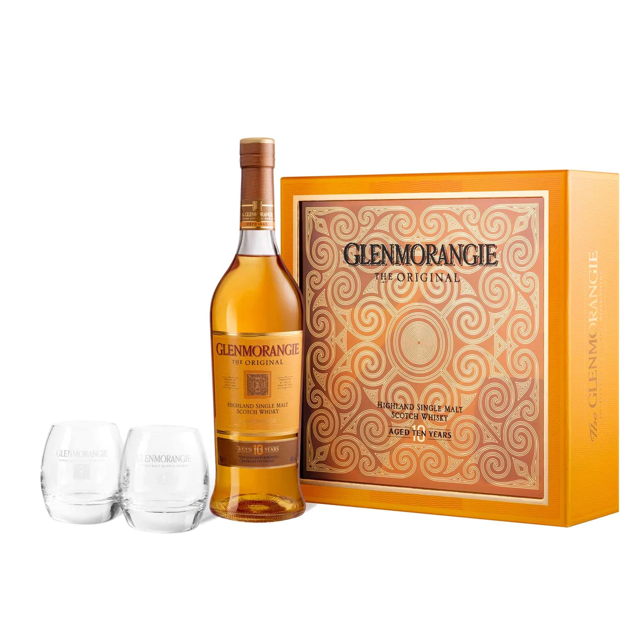 Glenmorangie The Original Emblem Geschenkset mit Flasche 700 mL und 2 Gläsern