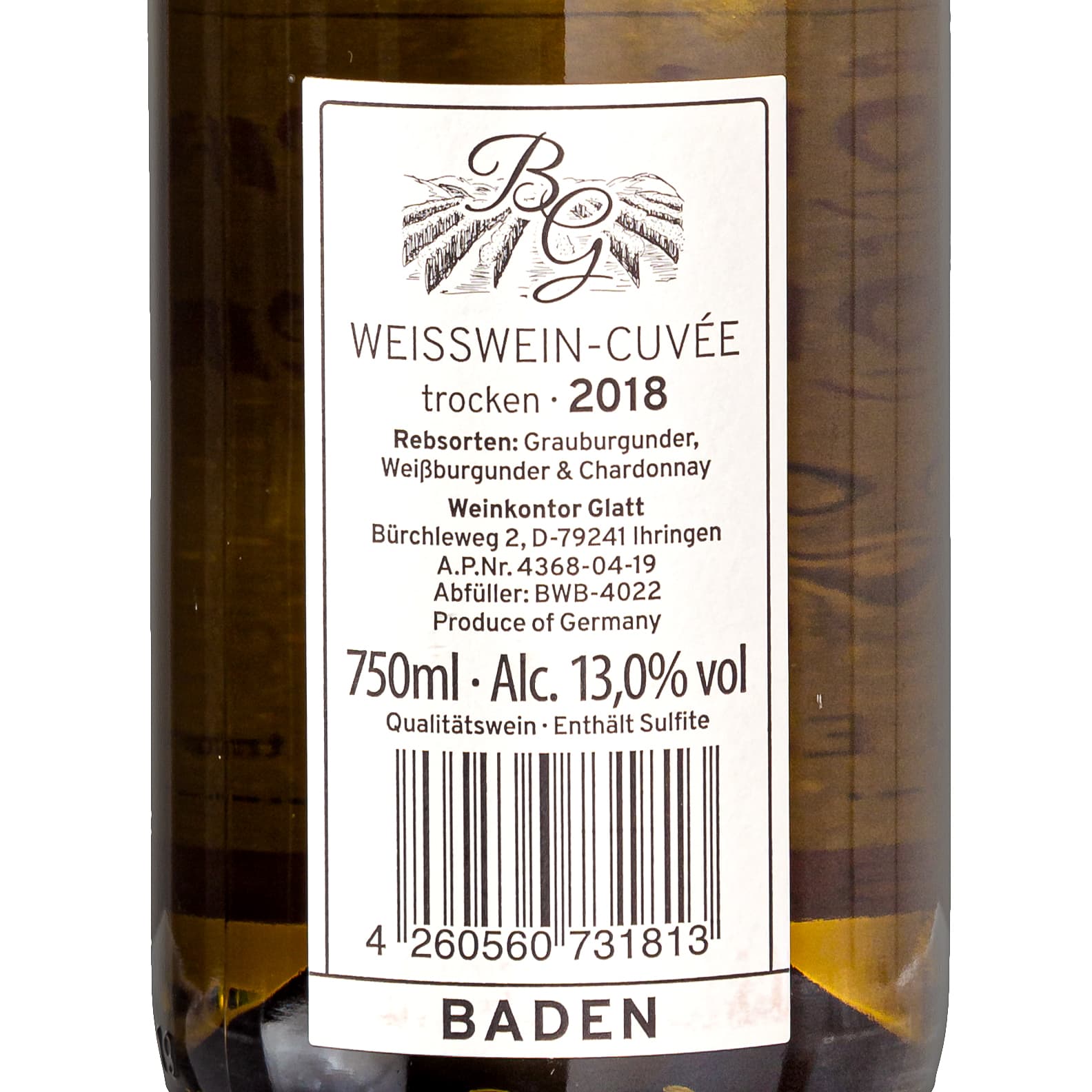 Weißwein trocken 2018 | Fruchtig-Frischer Mix aus Grauburgunder Weißburgunder Chardonnay | WBK Glatt - Ihringen am Kaiserstuhl/Baden, Deutschland