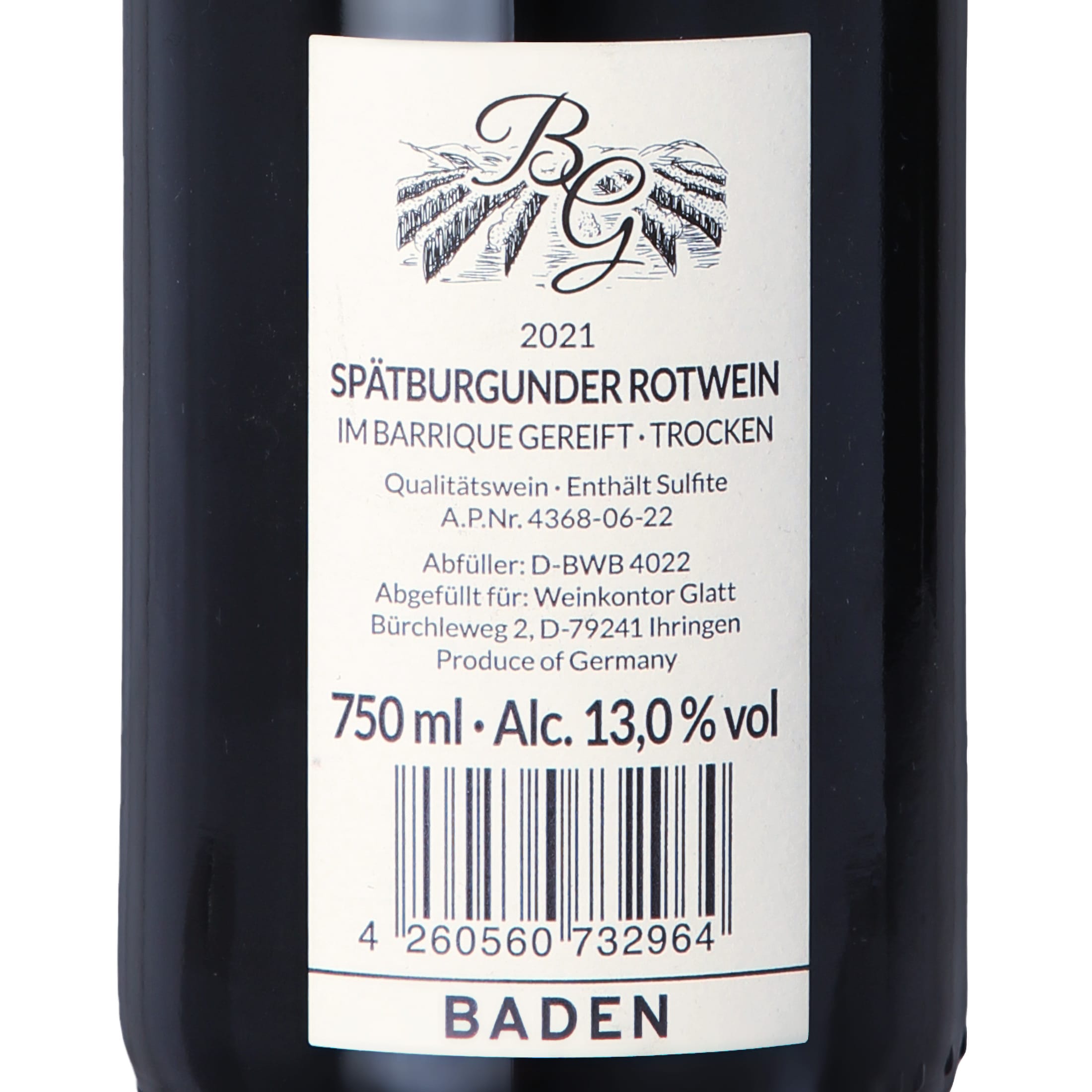 2021 Spätburgunder Barrique Rotwein trocken • GLATT • Qualitätswein vom Kaiserstuhl/Baden, Deutschland