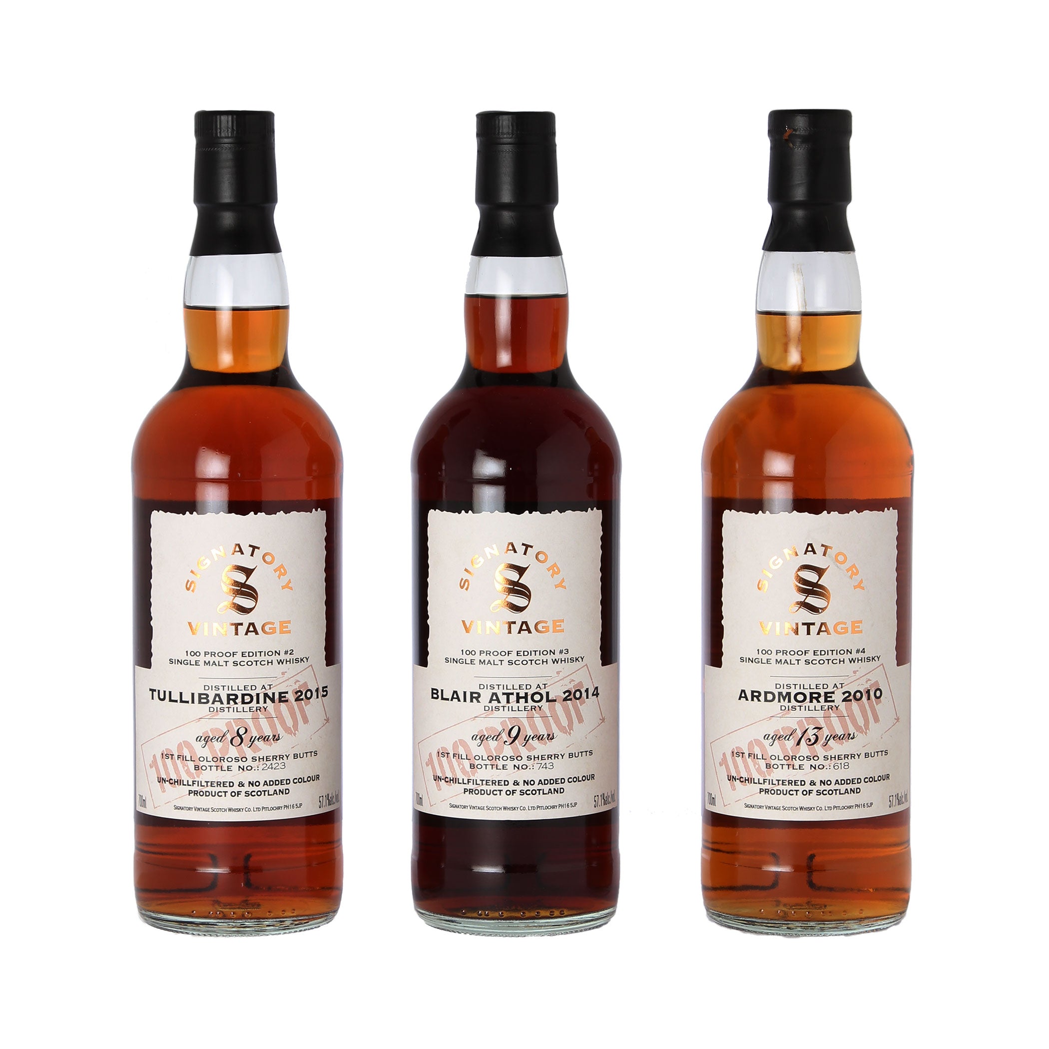 Signatory Vintage Highland Single Malt Scotch Whisky - 100 Proof Edition Set - Tullibardine #2 - Blair Athol #3 - Ardmore #4