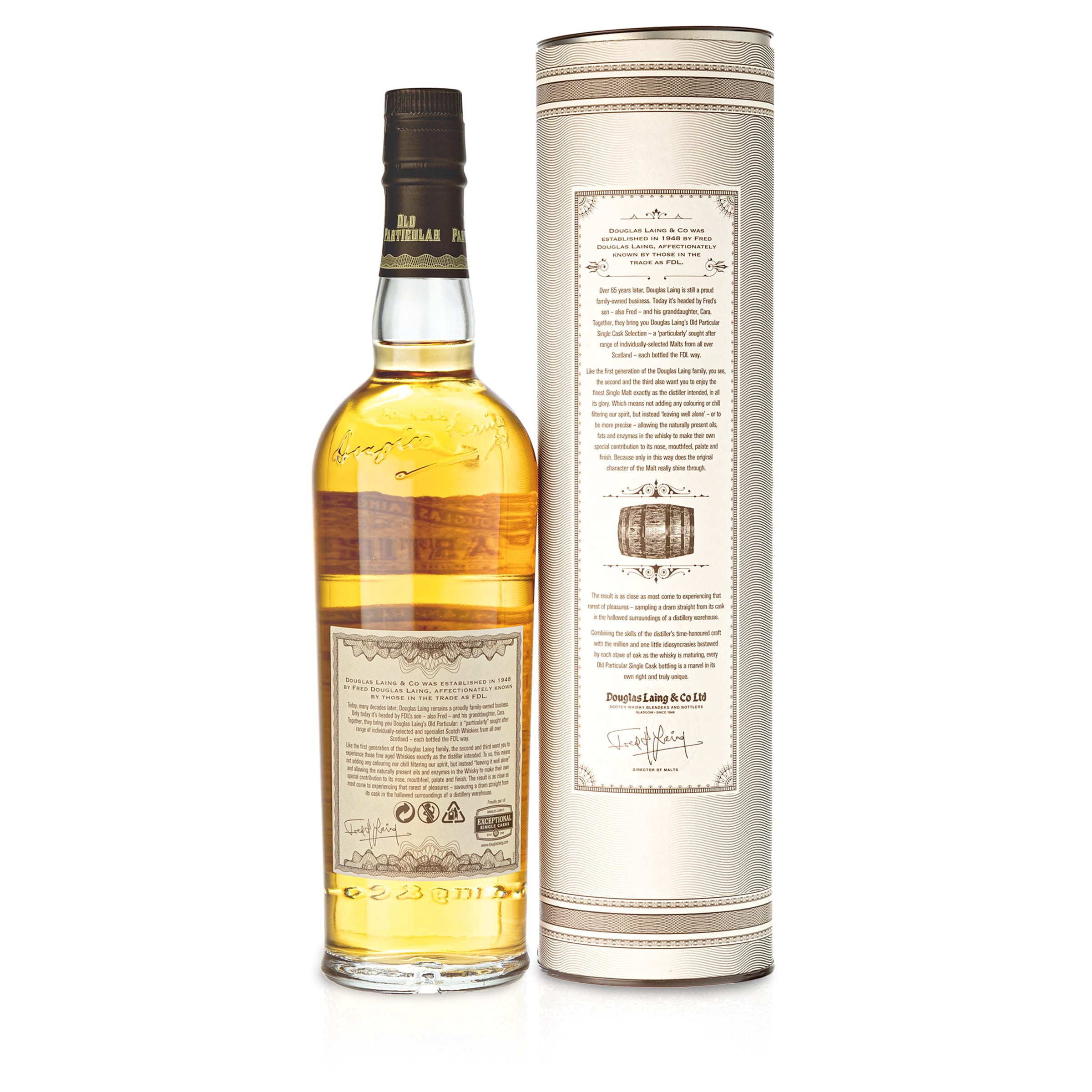 1 Flasche Auchentoshan 22 YO Old Particular Douglas Laing in Tube Rückseite