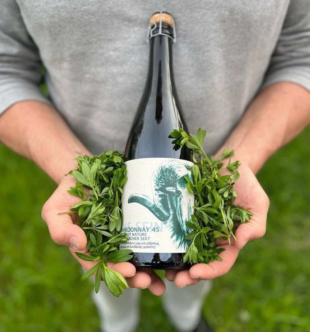 Hände halten eine Flasche Chardonnay Brut Nature Sekt, umhüllt von frischem Waldmeister