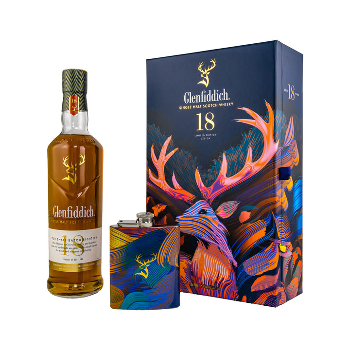 Glenfiddich 18 Year Old - Limited Design + Hip Flask - Speyside Single Malt Scotch Whisky