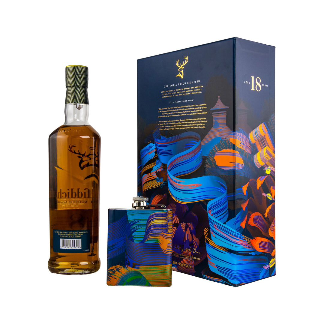 Glenfiddich 18 Year Old - Limited Design + Hip Flask - Speyside Single Malt Scotch Whisky