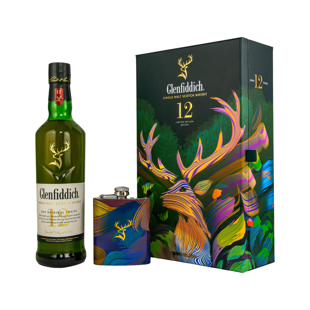 Glenfiddich 12 Year Old - Limited Design + Hip Flask - Speyside Single Malt Scotch Whisky
