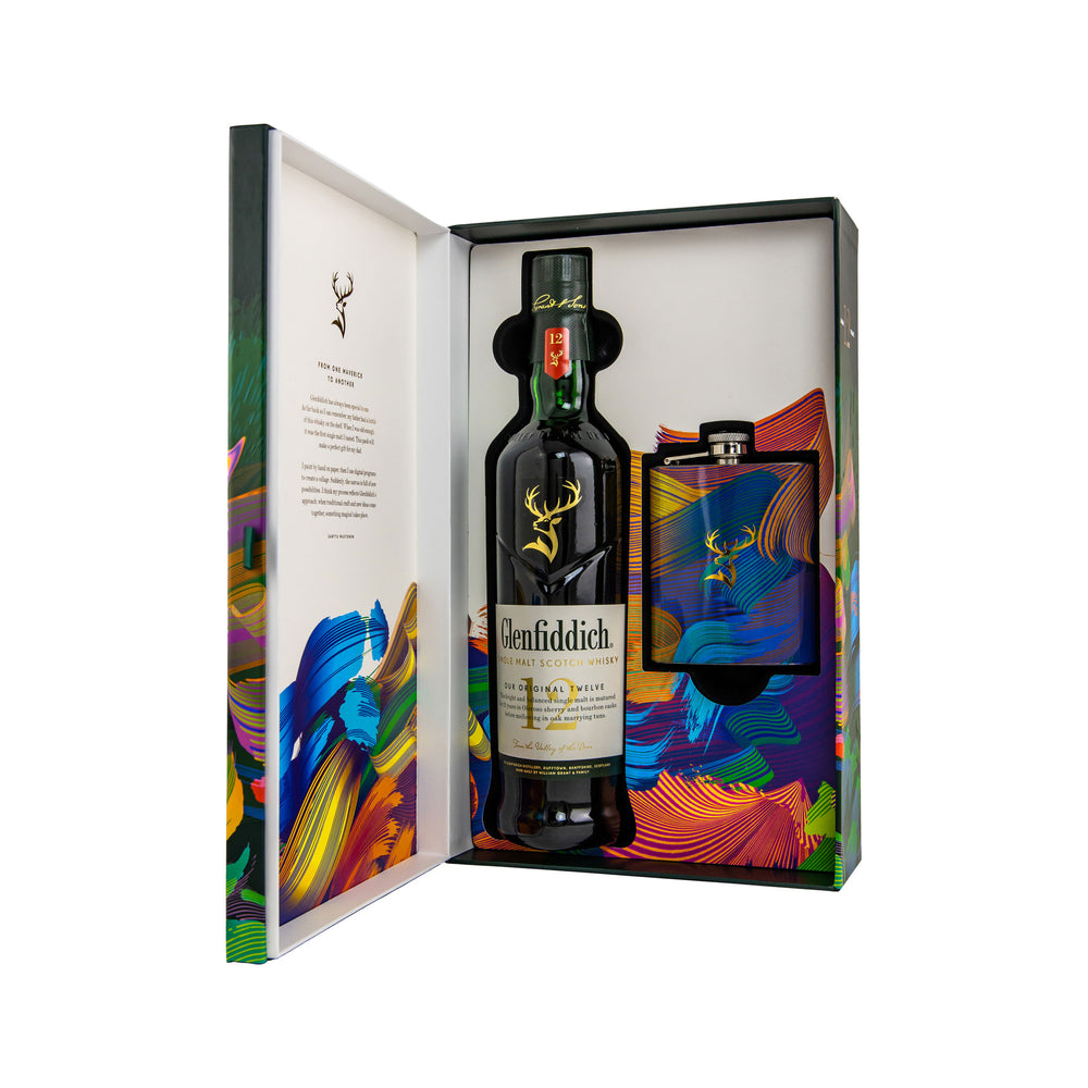 Glenfiddich 12 Year Old - Limited Design + Hip Flask - Speyside Single Malt Scotch Whisky