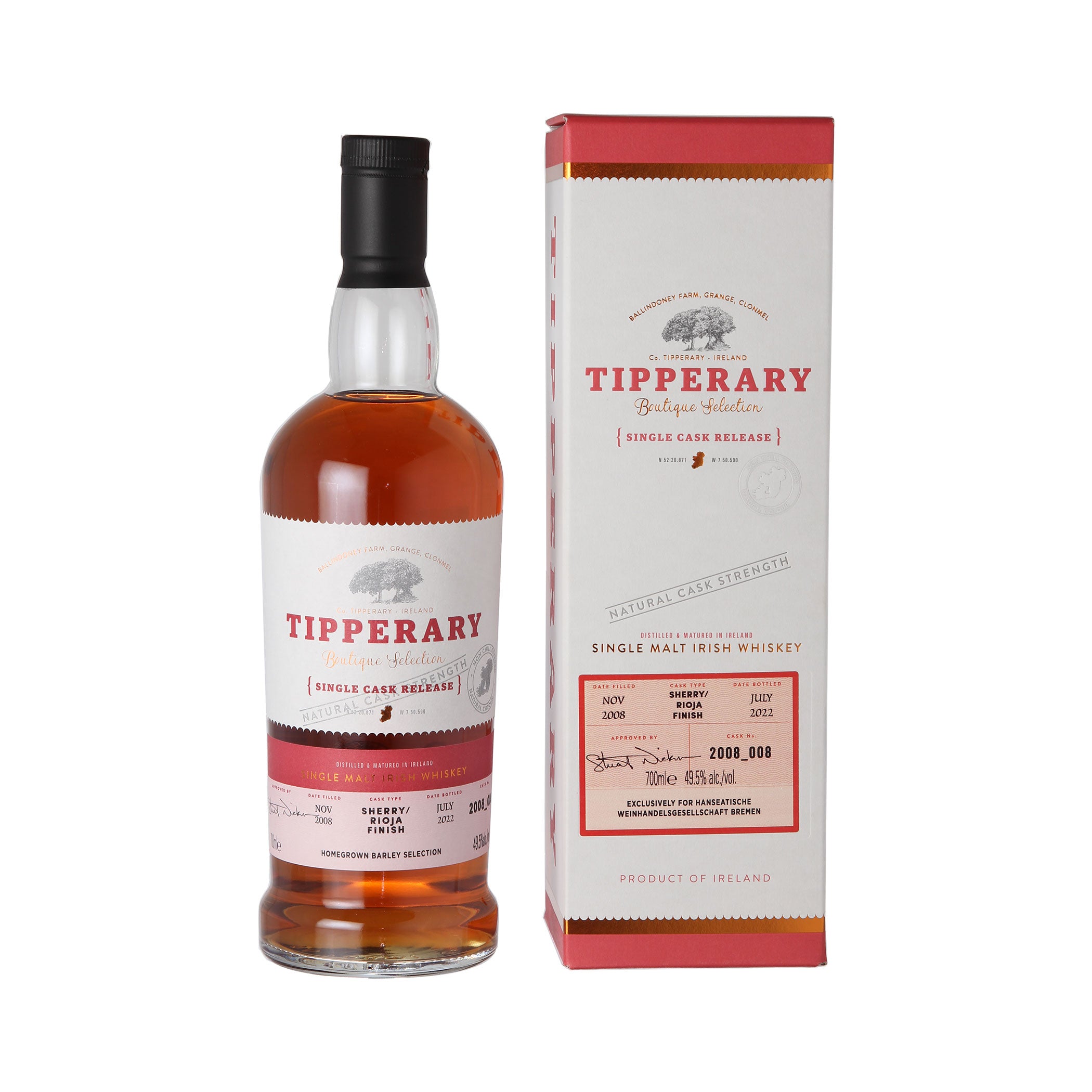 Tipperary Sherry/Rioja Cask Finish - Single Cask Vintage 2008 Cask No.2008_008 - Sherry/Rioja Cask Finish