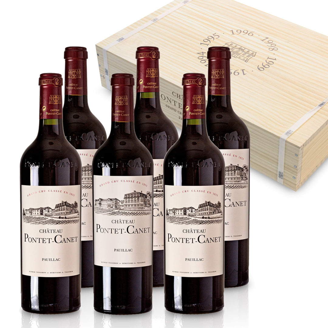 Château Pontet-Canet 1990, 1994, 1995, 1996, 1998, 1999 Vintage Selection - 6 Bottles in Limited Edition Wooden Box - Bordeaux France