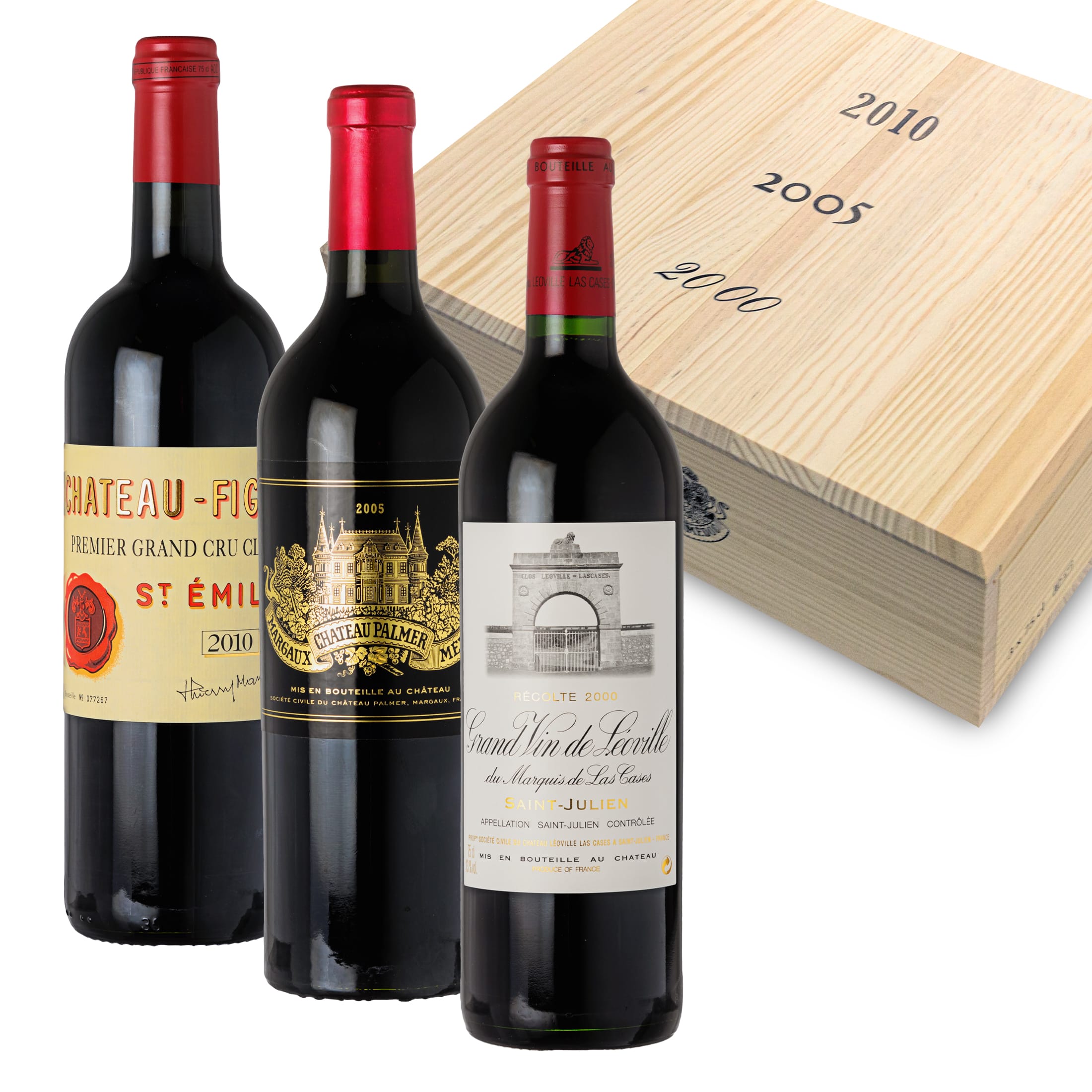 Figeac 2010, Palmer 2005, Leoville Las Cases 2000 Sammlerbox - 3 Flaschen Rotwein trocken (0,75 l) in limitierter Holzbox
