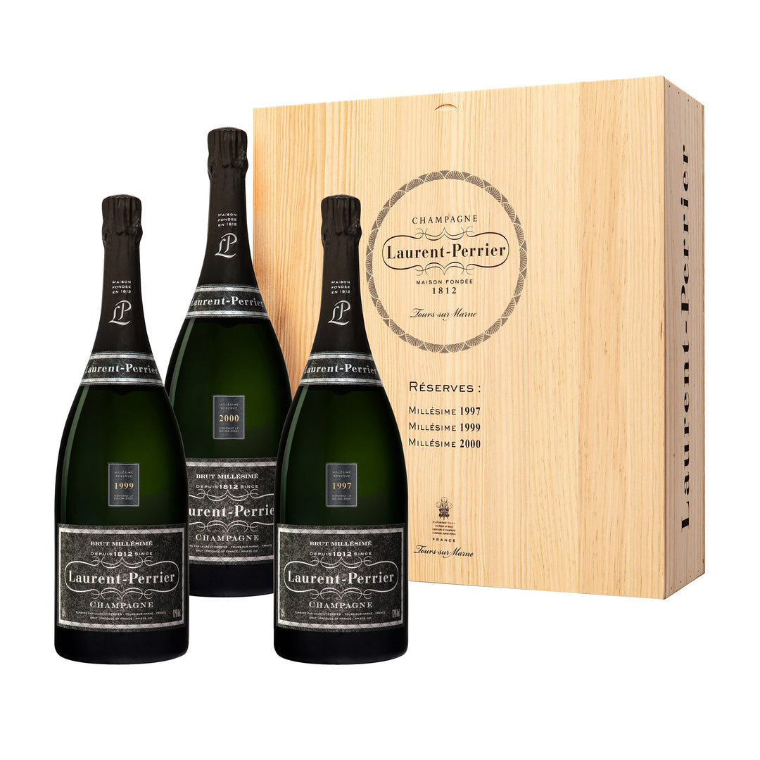Champagne Laurent-Perrier Millésime Reserves Magnum with the vintages 1997-1999-2000 in wooden box (3x1.5l)