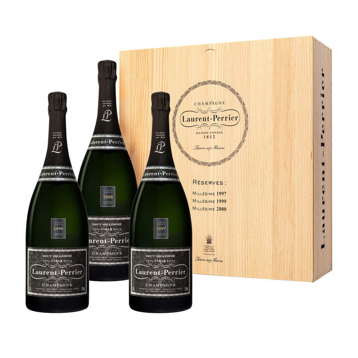 Champagne Laurent-Perrier Millésime Reserves Magnum with the vintages 1997-1999-2000 in wooden box (3x1.5l)