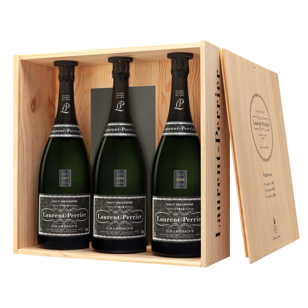Champagne Laurent-Perrier Millésime Reserves Magnum with the vintages 1997-1999-2000 in wooden box (3x1.5l)