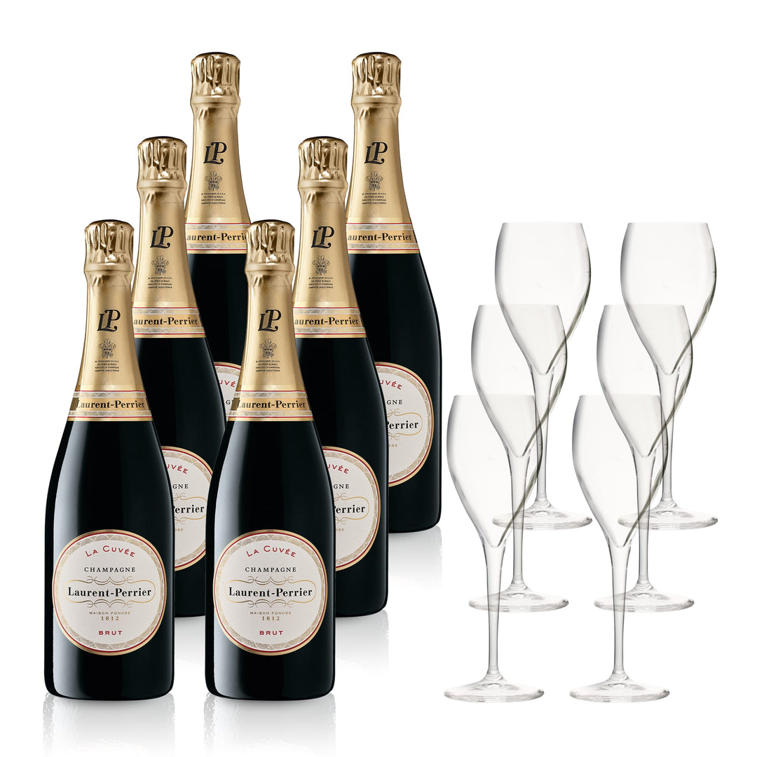 Champagne Laurent-Perrier La Cuvée Brut 0.75L in a Gift Set (6 Bottles of Champagne and 6 Champagne Glasses)