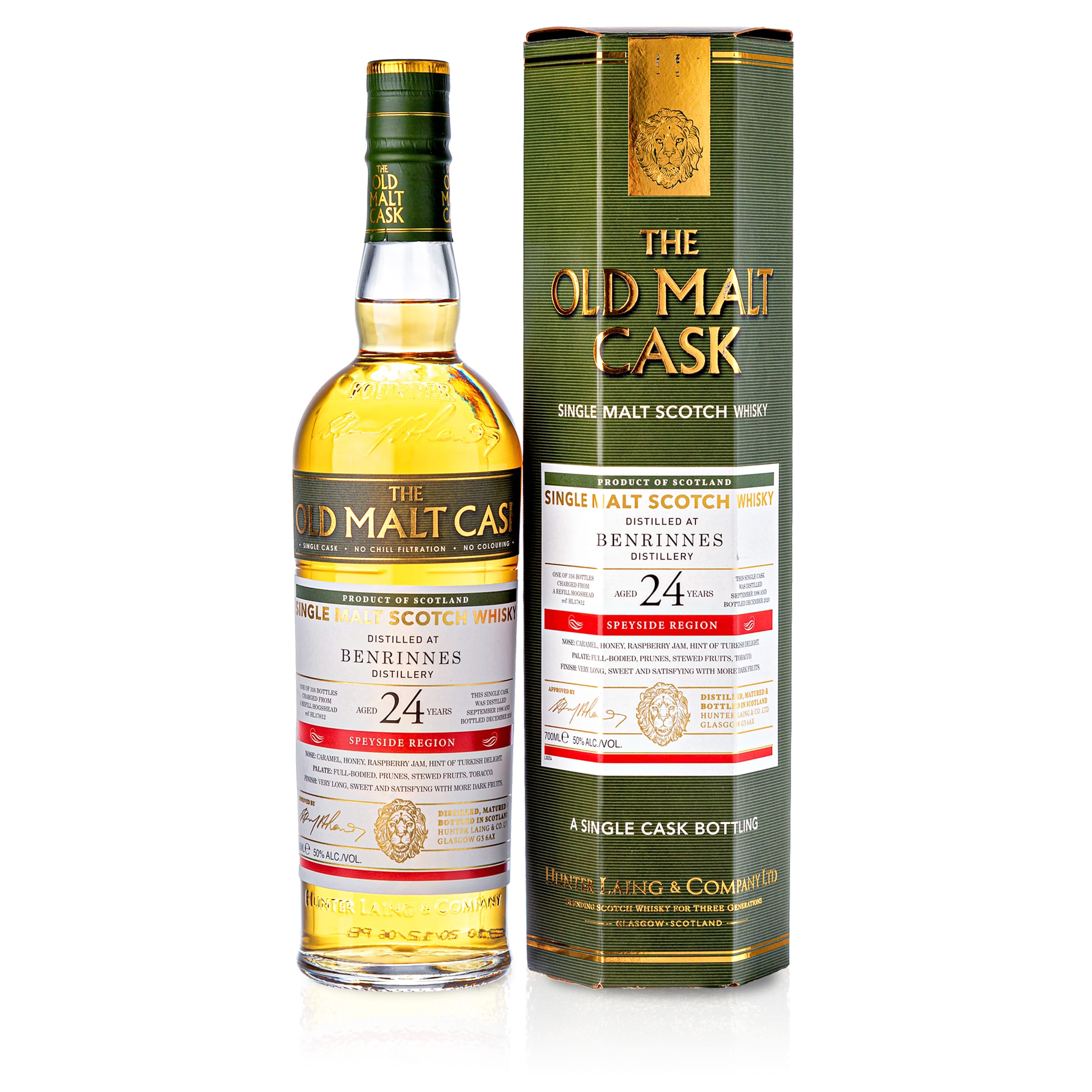 1 Flasche Benrinnes 24 Jahre Hunter Laing Old Malt Cask mit Geschenkverpackung