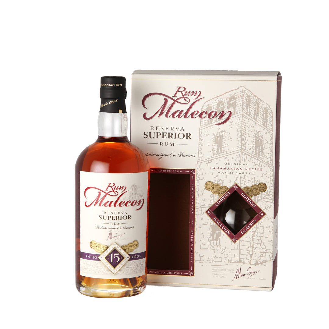 Rum Malecon 15 Years Old - Rum aus Panama in Geschenkverpackung +2 Gläser