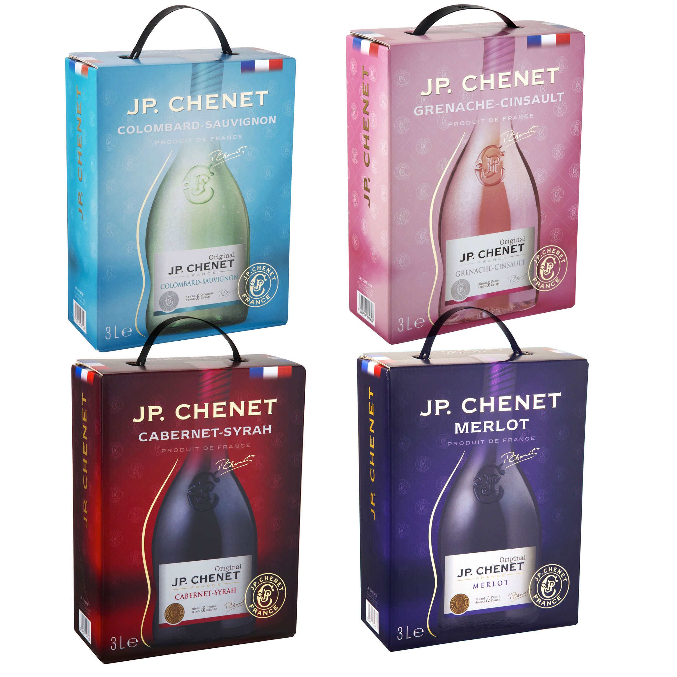 BIB 4 er Set Rot/Weiss/Rose - Colombard-Sauvignon, Grenache-Cinsault , Cabernet-Syrah, Merlot, JP. Chenet - Bag in Box Probierpaket