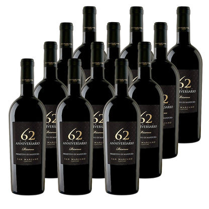 San Marzano 62 Anniversario Primitivo di Manduria Riserva 2019 12 Flaschen Rotwein 0,75L 14,5% vol
