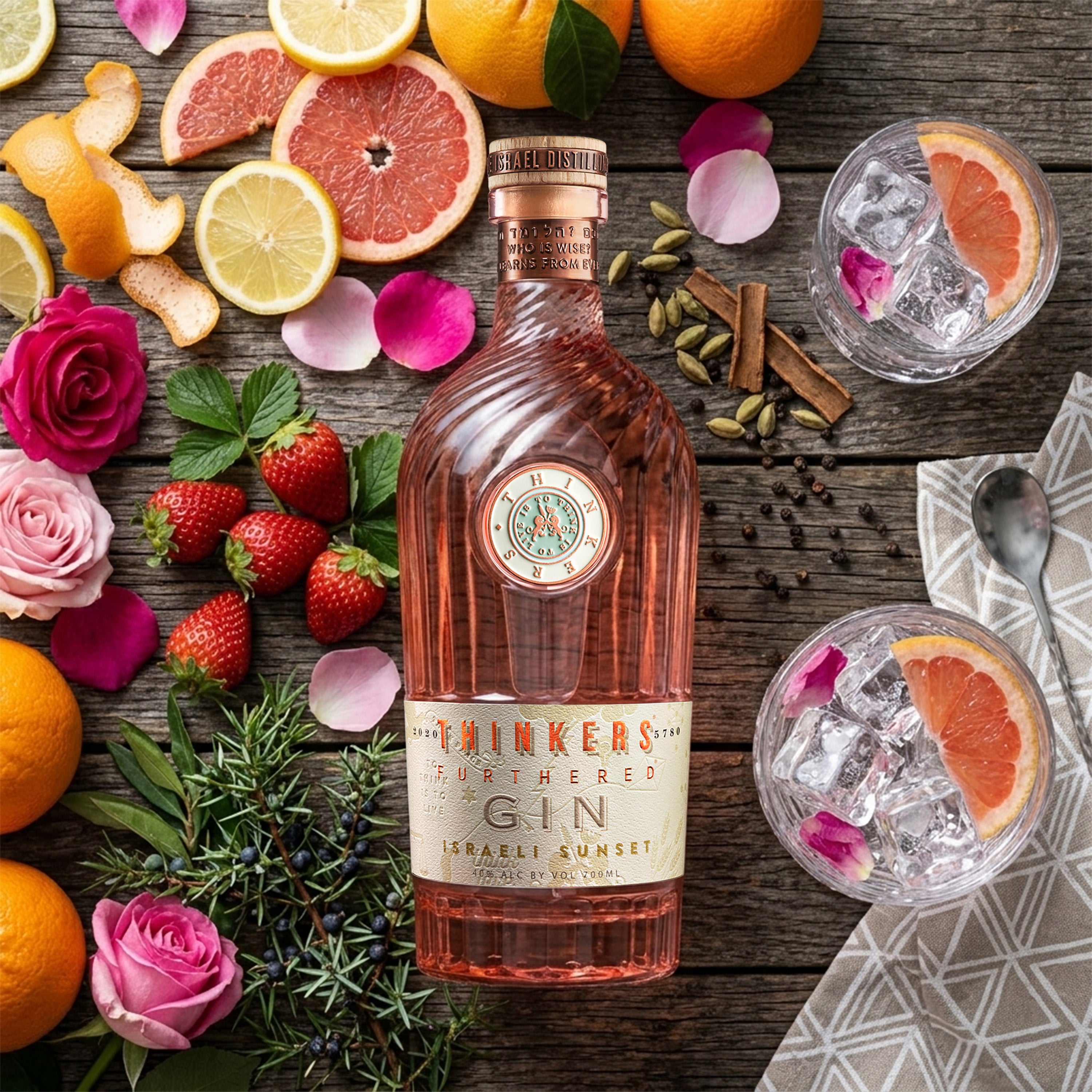 Thinkers Sunset Gin - New World Gin mit Rosenblättern & roten Früchten - 700ml, 40% vol