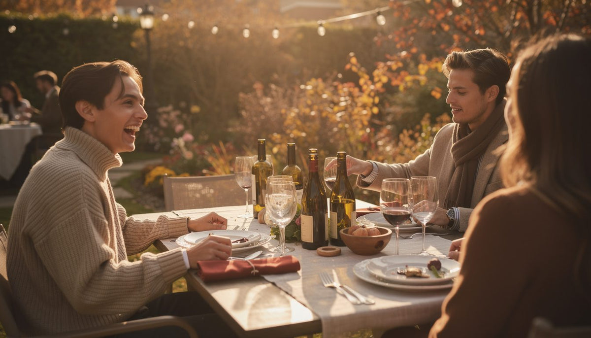 Freunde stoßen bei einem herbstlichen Abendessen im Garten mit Rotwein an