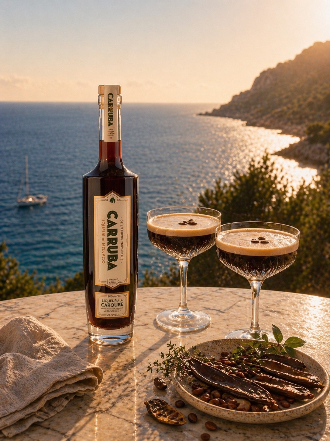 Carruba Liqueur de Monaco mit zwei Espresso-Martini-Cocktails auf einer Terrasse über dem Mittelmeer im Abendlicht