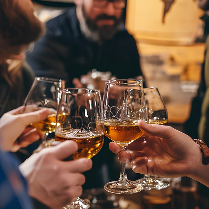 Freunde stoßen mit Whiskygläsern an – milde, zugängliche Whiskys