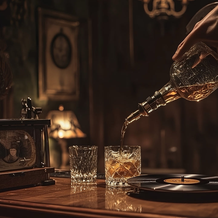 Whisky wird aus einer Kristallkaraffe eingeschenkt, daneben eine Schallplatte – rare, besondere Abfüllungen