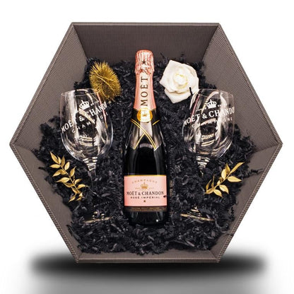Moët & Chandon Rosé Impérial Champagner 0,75L 12% Vol Giftbasket,Gläser:Bohemia Champagnerflöte, Deko:Allgemein