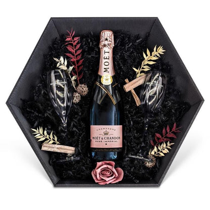 Moët & Chandon Rosé Impérial Champagner 0,75L 12% Vol Giftbasket,Gläser:Bohemia Champagnerflöte, Deko:Allgemein